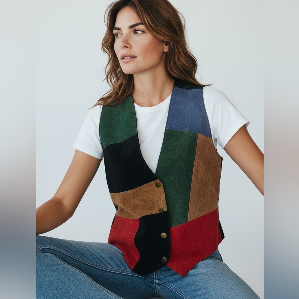 I AM Colorblock Suede Button Front Vest